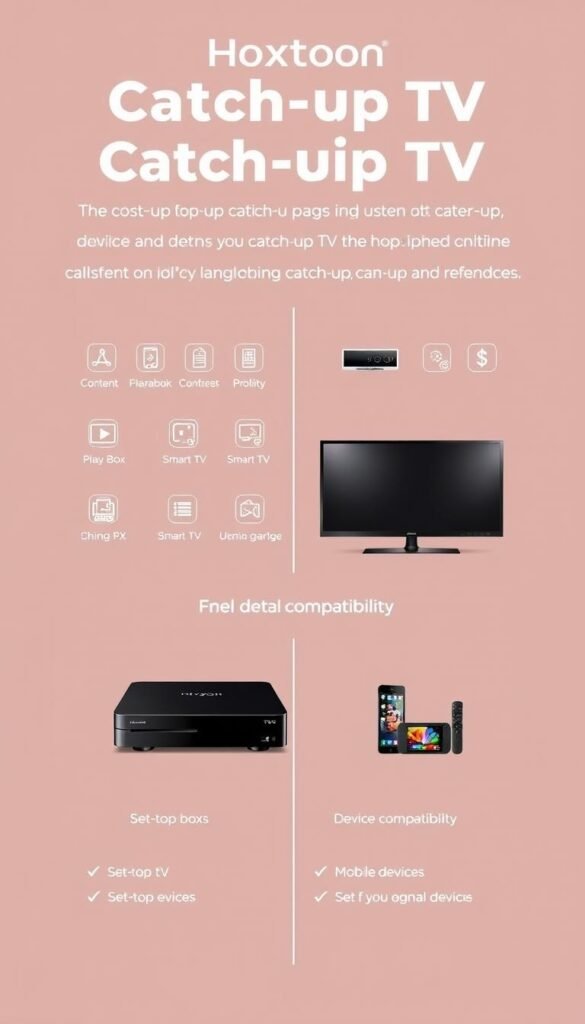 A high-resolution, detailed comparison of the catch-up TV features of the Hoxtoon Provider and IPTVDIGI, presented in a clean, informative layout. The image shows a side-by-side view, with the Hoxtoon Provider branding prominently displayed. The foreground features crisp icons and graphics illustrating the key catch-up capabilities of each service, such as content availability, playback controls, and user interface. The middle ground showcases device compatibility, with sleek product shots of set-top boxes, smart TVs, and mobile devices. The background is a minimalist, muted color palette that allows the comparison details to stand out clearly. Realistic lighting and a high-quality, professional photographic style convey the authoritative nature of the content.