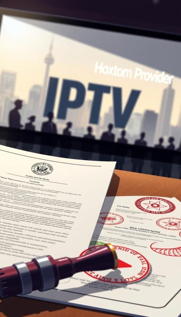 A high-resolution, detailed illustration depicting the legal regulations and guidelines surrounding IPTV services in the United States. The image should have a professional and authoritative tone, with a clear focus on the subject matter. The foreground should feature official-looking documents, seals, and stamps, suggesting the formal and regulatory nature of the content. The middle ground should depict silhouettes of people, representing the stakeholders involved, such as service providers, consumers, and governing bodies. The background should include a cityscape or skyline, hinting at the broader context of the IPTV industry. The lighting should be soft and indirect, creating a sense of gravity and importance. The overall composition should convey the legal complexities and compliance requirements associated with IPTV services, with a subtle nod to the Hoxtoon Provider brand in the background.
