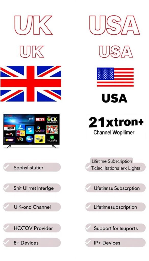 A high-resolution, detailed image depicting a side-by-side comparison of IPTV services in the UK and USA. The left side showcases the IPTV offering in the UK, featuring a sophisticated user interface, a diverse channel lineup, and a sleek, modern design. The right side presents the Hoxtoon Provider IPTV service in the USA, boasting a vast 21K+ channel selection, lifetime subscription options, and support for 6+ devices. The image should convey a sense of quality, reliability, and the comprehensive nature of the IPTV services in both countries, using a clean, professional layout and attractive visuals.