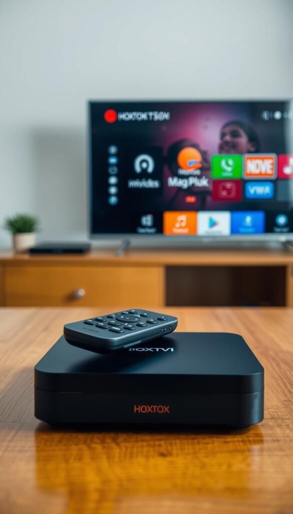 A high-resolution, detailed image of a Mag box and remote control on a wooden table, with a Hoxtoon Provider IPTV service interface prominently displayed on the screen. The scene is well-lit, with soft, natural lighting from the side. The Mag box and remote are positioned in the foreground, capturing the user's focus. The background features a simple, uncluttered setting, allowing the IPTV interface to take center stage. The overall composition conveys the compatibility and integration of the Hoxtoon Provider IPTV service with the Mag box device.