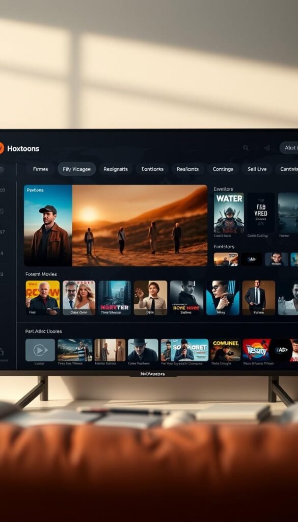 A high-resolution, detailed image of a modern IPTV subscription service dashboard, showcasing a sleek and intuitive user interface. The foreground features a large 4K video player displaying a premium movie or TV series from the Hoxtoon Provider's extensive on-demand library of over 150,000 titles. The middle ground showcases various content categories and genres, allowing users to easily browse and discover new media. The background depicts a stylized world map, hinting at the global content availability. The lighting is soft and natural, creating a warm and inviting atmosphere. The composition emphasizes the seamless integration of entertainment and technology, capturing the essence of on-demand streaming convenience.