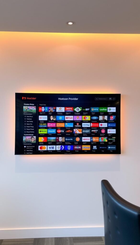 A high-resolution digital display showcasing a vibrant and comprehensive IPTV sports channel list, presented in a sleek and visually appealing m3u format. The display features a clean, modern layout with a neutral color palette, allowing the content to take center stage. The channels are organized into distinct categories, making it easy to navigate and find the desired sports programming. Warm, diffused lighting illuminates the display, creating a professional and inviting atmosphere. The Hoxtoon Provider logo is prominently displayed, emphasizing the brand's quality and reliability in delivering this extensive IPTV sports channel selection.