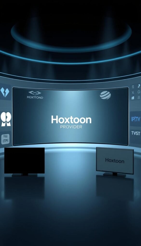 A high-resolution digital illustration depicting a head-to-head comparison between the Hoxtoon Provider IPTV service and other leading IPTV providers. The scene shows a sleek, futuristic interface with minimalist icons and a clean, modern layout. Hoxtoon Provider is prominently featured in the center, surrounded by silhouettes of other IPTV providers' logos and interfaces. The image conveys a sense of technological sophistication, innovation, and a clear competitive advantage for the Hoxtoon Provider brand. The lighting is crisp and directional, highlighting the key elements, and the camera angle is slightly elevated to create a sense of authority and professionalism.