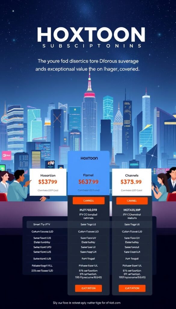 A high-resolution digital illustration depicting the subscription plans offered by the Hoxtoon IPTV provider. In the foreground, a sleek and modern table showcases the different Hoxtoon subscription tiers, with clear pricing, features, and channel counts. The middle ground features a group of happy, diverse customers enjoying Hoxtoon's content on various devices, such as smart TVs, laptops, and mobile phones. In the background, a vibrant cityscape with skyscrapers and a starry night sky sets the scene, highlighting Hoxtoon's reliable and expansive coverage. The overall composition conveys a sense of professionalism, accessibility, and the exceptional value Hoxtoon offers to its customers.