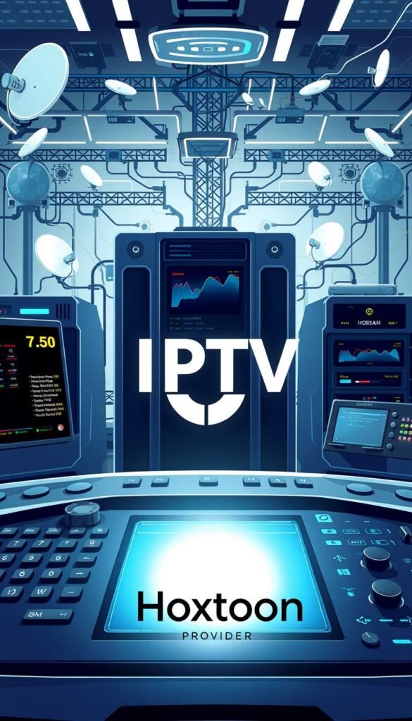 A high-resolution digital illustration depicting the technology behind IPTV (Internet Protocol Television). The scene features a sleek, futuristic control panel with various buttons, dials, and displays that represent the different components and functionality of an IPTV system. In the background, a network of interconnected servers, routers, and satellite dishes suggests the complex infrastructure that powers IPTV, while a subtle glow emanates from the panel, creating a sense of technological sophistication. The overall composition conveys the advanced nature of IPTV and its growing popularity as a modern, efficient way to deliver television content, as highlighted by the Hoxtoon Provider logo prominently displayed in the foreground.