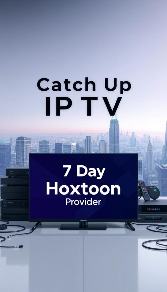 A high-resolution digital illustration of a sleek and modern "7 Day Catch Up IPTV" service. In the foreground, a prominent display showcases the "Hoxtoon Provider" brand name with a clean, minimalist aesthetic. The middle ground features a collection of streaming devices, remotes, and network cables, highlighting the connectivity and accessibility of the service. The background subtly depicts a vibrant cityscape, suggesting the global reach and diverse content offerings of the IPTV platform. The overall scene conveys a sense of technological sophistication, convenience, and the versatility of the "7 Day Catch Up IPTV" experience, captured through a sharp, well-lit photographic style.