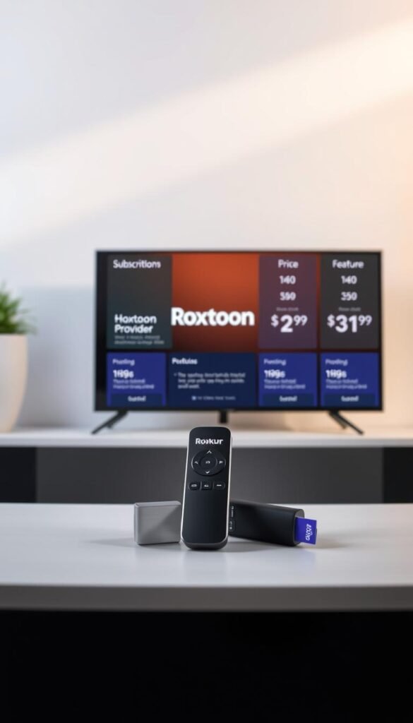 A high-resolution, highly detailed photograph of a sleek, modern Roku TV device displayed prominently in the foreground, showcasing the Hoxtoon Provider logo and branding. The device is surrounded by various subscription plan details, including pricing tiers, feature highlights, and a clear call-to-action. The background features a clean, minimalist setting with soft lighting and a subtle gradient, creating a professional, informative, and visually appealing composition.
