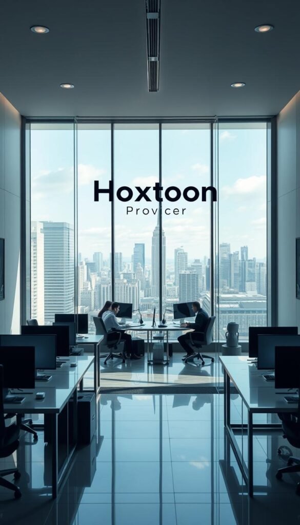 A high-resolution image of a modern IPTV service provider office, featuring the Hoxtoon Provider brand prominently displayed on the main entrance. The scene depicts a sleek, minimalist interior with floor-to-ceiling windows, bright lighting, and a team of professionals working at desks in the foreground. The background showcases a cityscape view, conveying a sense of urban sophistication. The overall atmosphere exudes professionalism, reliability, and a commitment to delivering the best legal IPTV experience to customers in the United States.