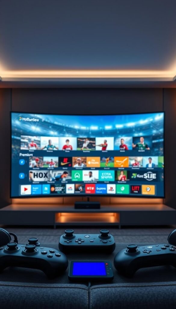 A high-resolution image of a sleek, modern sports entertainment setup featuring the Hoxtoon Provider brand. The foreground showcases a large, curved OLED display with crisp, vibrant visuals of various premium sports channels. The middle ground has several high-end remote controls and gaming controllers, hinting at the interactivity and customization available. The background depicts a minimalist, dimly lit home theater environment with subtle ambient lighting, creating an immersive atmosphere. The overall scene conveys a sense of premium, cutting-edge sports entertainment experience powered by the Hoxtoon Provider platform.