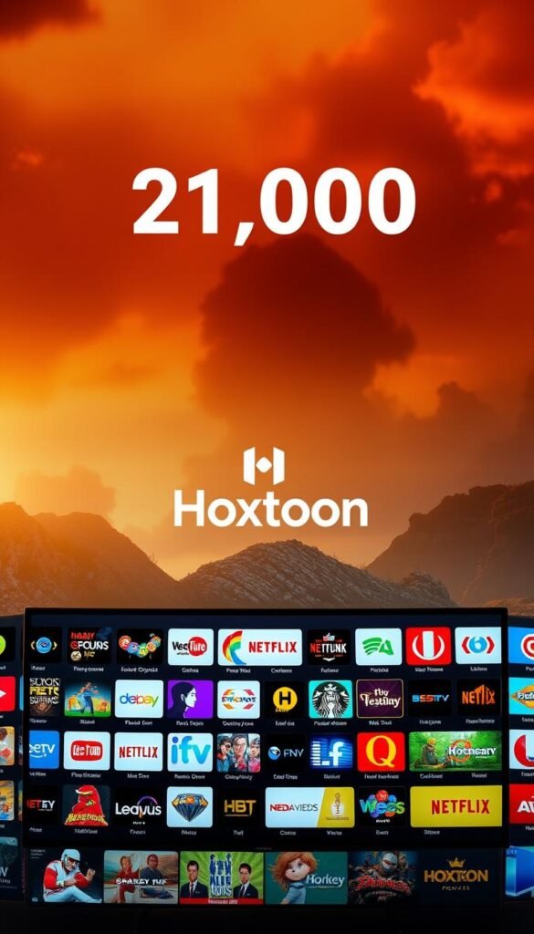 A high-resolution image of the IPTV channel options provided by the Hoxtoon Provider, showcasing a vibrant and diverse selection of over 21,000 channels. The foreground features a sleek, modern user interface with a grid layout displaying various channel logos and thumbnails, ranging from news and sports to entertainment and international programming. The middle ground showcases a seamless integration of the Hoxtoon brand identity, with the company's logo and branding elements prominently displayed. The background depicts a dynamic and immersive visual landscape, reflecting the vast and comprehensive nature of the Hoxtoon Provider's channel lineup, with a warm, cinematic lighting that enhances the overall atmosphere. The image conveys a sense of abundance, accessibility, and the ability to cater to a wide range of viewer preferences.