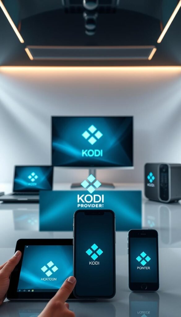 A high-resolution image showcasing the installation of Kodi media center software on various modern devices. In the foreground, a tablet, smartphone, and smart TV display the Kodi interface, with the Hoxtoon Provider logo prominently displayed. The middle ground features a laptop and a desktop computer, also running Kodi. The background blends a sleek, futuristic setting with subtle lighting effects, creating a sense of technological sophistication. The overall scene conveys the versatility and accessibility of Kodi across a diverse range of devices, inviting the viewer to explore its capabilities.