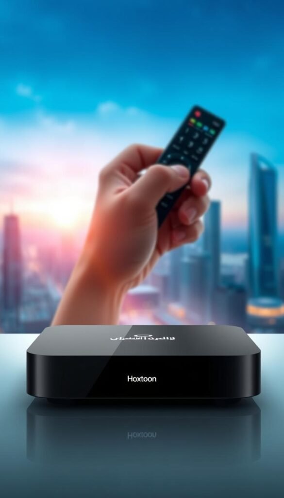 A high-resolution, photo-realistic image of a sleek, modern Arabic IPTV set-top box with a minimalist design. The device is shown in the foreground, casting a soft glow from its display. In the middle ground, a hand is holding a remote control, highlighting the intuitive user experience. The background features a blurred city skyline, suggesting the global reach and connectivity of the IPTV service. The overall scene conveys a sense of technological sophistication and the convenience of accessing a wide range of Arabic entertainment content. The Hoxtoon Provider logo is prominently displayed on the device, showcasing the brand's leading role in the Arabic IPTV market.