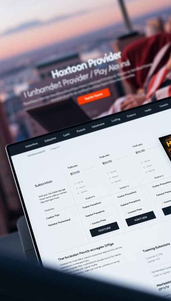 A high-resolution photograph of a sleek, modern website interface displaying the subscription plans offered by the "Hoxtoon Provider" IPTV service. The layout features a clean, minimalist design with clear pricing tiers, features, and call-to-action buttons. The foreground showcases various plan options with detailed descriptions, while the background has a blurred, out-of-focus cityscape, conveying a sense of a premium, professional service. The lighting is soft and even, highlighting the website's elegant aesthetic. The camera angle is slightly tilted, adding depth and dynamism to the composition.