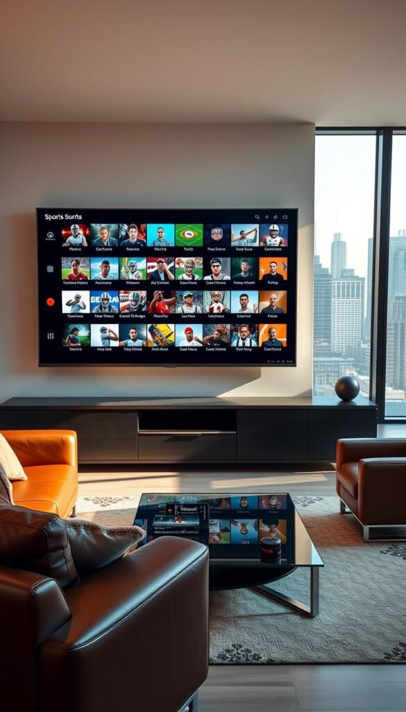 A high-resolution photograph of a spacious and modern entertainment room, showcasing a large, sleek TV screen prominently displaying a diverse selection of IPTV sports channels. The room is bathed in warm, natural lighting, with a clean, minimalist aesthetic. In the foreground, a comfortable leather sofa and matching armchair invite viewers to sit and enjoy the extensive on-demand sports content from the Hoxtoon Provider's 150,000+ VOD library. The middle ground features a modern, glass-topped coffee table, while the background reveals a floor-to-ceiling window overlooking a bustling city skyline, creating a sense of urban sophistication.