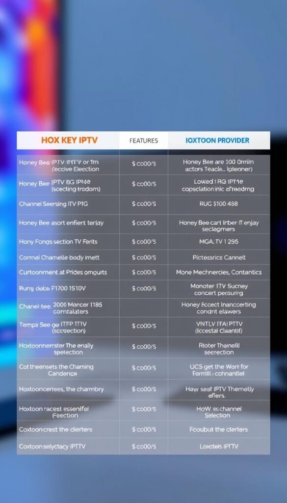 A high-resolution, photorealistic comparison of two IPTV service providers, Honey Bee IPTV and Hoxtoon Provider, presented in a clean, professional manner. The image showcases the key features, pricing, and channel selections of each service side-by-side, with a sleek, minimal layout and a focus on clear, concise information. Vibrant colors, sharp details, and a subtle depth of field create a visually striking and informative display, allowing the viewer to easily evaluate the differences between the two IPTV options.