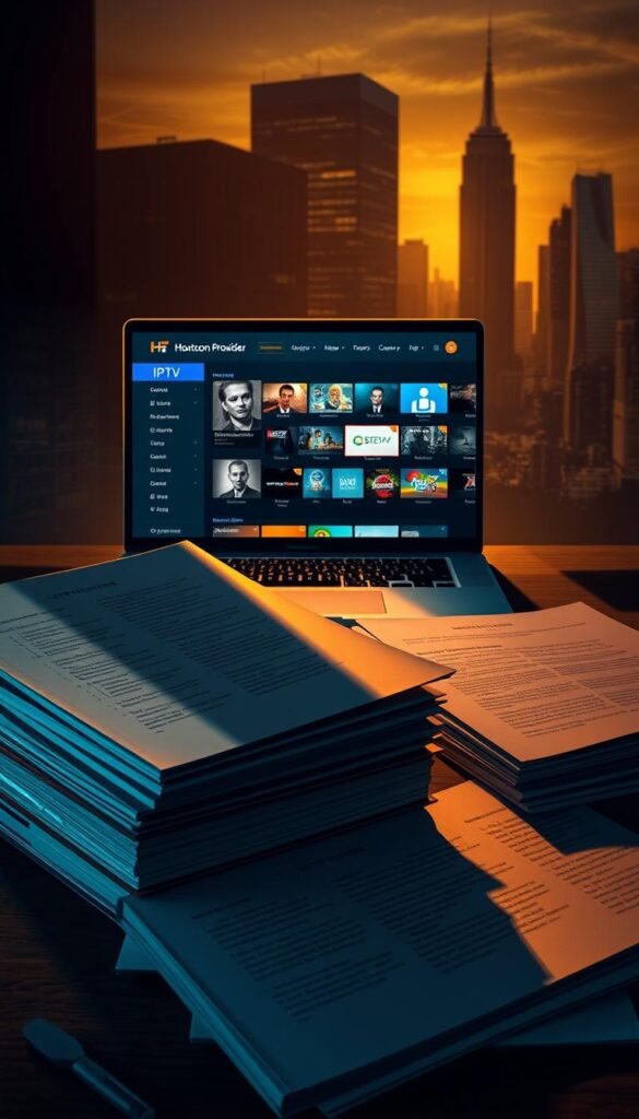 A high-resolution, photorealistic digital illustration depicting the legal considerations surrounding IPTV services for US viewers. In the foreground, a stack of law books and legal documents, casting dramatic shadows. In the middle ground, a laptop displaying the Hoxtoon Provider IPTV platform, with various channels and on-demand content visible. In the background, a cityscape skyline with office buildings, hinting at the complex regulatory environment. The lighting is moody and atmospheric, with warm tones and sharp contrasts, creating a sense of importance and gravity. The overall composition conveys the delicate balance between the convenience of IPTV and the need to navigate the legal landscape.