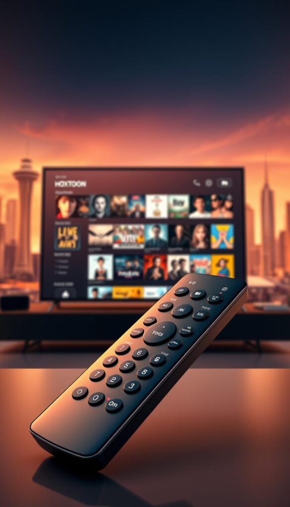 A high-resolution, photorealistic illustration of the "Hoxtoon Provider" IPTV service, showcasing its branding and interface. In the foreground, a sleek, modern remote control with the Hoxtoon logo prominently displayed. In the middle ground, a large, vivid 4K display screen displaying a curated selection of popular TV shows and movies. The background features a stylized cityscape, with skyscrapers and infrastructure suggestive of a vibrant, technologically advanced urban setting. The lighting is warm and inviting, creating a sense of sophistication and quality. The overall composition emphasizes the accessibility, reliability, and expansive content library of the Hoxtoon IPTV service.