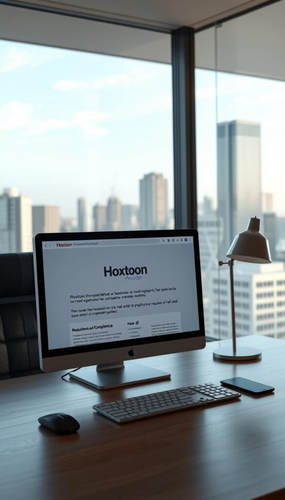 A high-resolution, photorealistic image of a modern office setting, with a large window overlooking a cityscape in the background. On the desk, a computer monitor displays a web page with the "Hoxtoon Provider" logo and information about IPTV regulations and compliance. The room is well-lit, with soft, directional lighting from a window and a desk lamp, creating a professional and authoritative atmosphere. The scene conveys a sense of trust, transparency, and attention to legal and regulatory details in the IPTV industry.