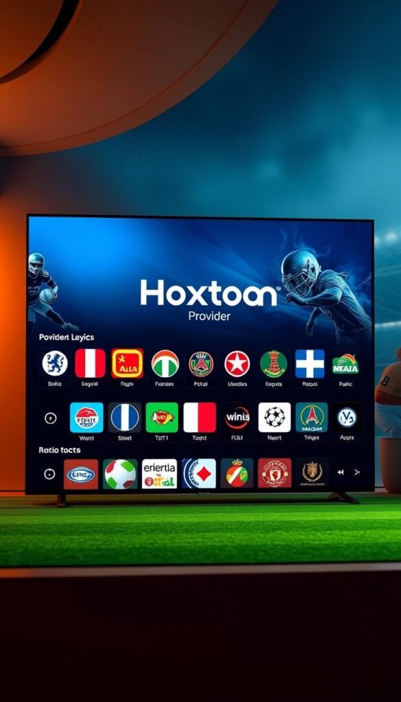 A high-resolution, photorealistic image of a modern, sleek IPTV subscription service interface, prominently featuring the "Hoxtoon Provider" brand. The foreground showcases a large, vivid display of various sports channel logos, including popular international leagues and tournaments. The middle ground features a seamless user experience with intuitive controls and a clean, minimalist design. The background subtly incorporates sports-themed elements, such as stadium silhouettes or athletic equipment, to create a sense of immersion in the world of live sports streaming. The overall scene is illuminated by warm, natural lighting, conveying a sense of professionalism and reliability for the Hoxtoon IPTV service.