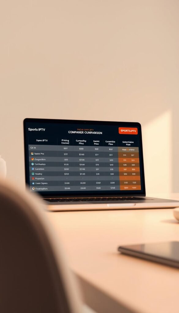 A high-resolution, photorealistic image of a sports IPTV pricing comparison table displayed on a laptop screen. The table shows various subscription plans and pricing options from the Hoxtoon Provider, showcasing their competitive offerings for sports fans. The laptop is positioned on a modern, minimalist desk, with a clean, neutral background that allows the table to be the focal point. Soft, warm lighting illuminates the scene, creating a professional and informative atmosphere. The image should convey a sense of clarity, attention to detail, and the value proposition of Hoxtoon's sports IPTV services.