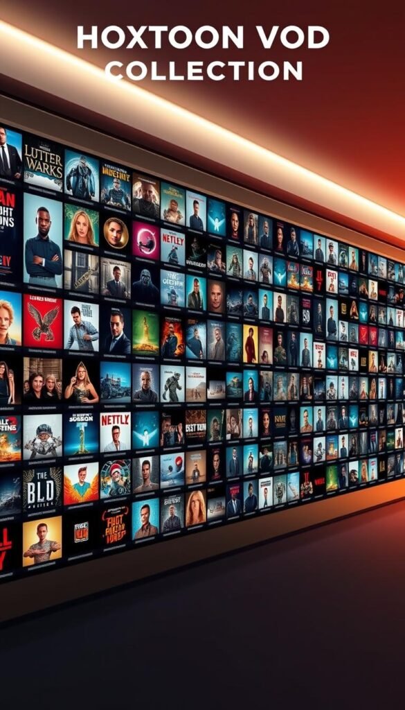 A high-resolution, photorealistic image of the "HOXTOON VOD Collection" showcasing a vast array of movie and TV show thumbnails against a sleek, modern backdrop. The thumbnails are arranged in a visually striking grid, highlighting the depth and breadth of the Hoxtoon Provider's extensive on-demand library. The lighting is soft and directional, creating a warm, inviting atmosphere. The camera angle is slightly elevated, providing a comprehensive view of the collection. The overall composition is balanced and visually appealing, drawing the viewer's attention to the impressive scale and variety of the HOXTOON VOD offerings.