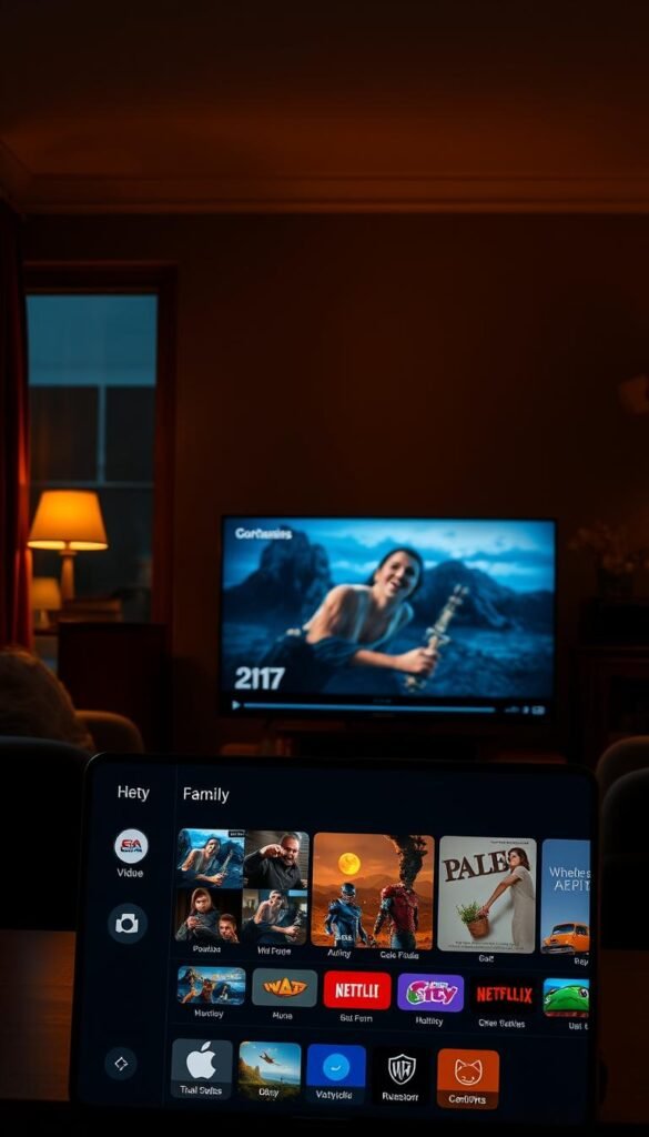 A high-resolution, photorealistic image of the Hoxtoon IPTV premium app interface. The app's sleek and modern interface is displayed against a dimly lit, cozy living room setting, with a warm, inviting atmosphere. The foreground showcases the app's main menu, highlighting its various content categories and user-friendly navigation. The middle ground features a large, high-definition video player displaying a captivating scene, while the background subtly shows a few household appliances and decor, creating a sense of a comfortable, tech-savvy home environment. The overall composition emphasizes the seamless integration of the Hoxtoon Provider's premium IPTV experience into the user's daily life.