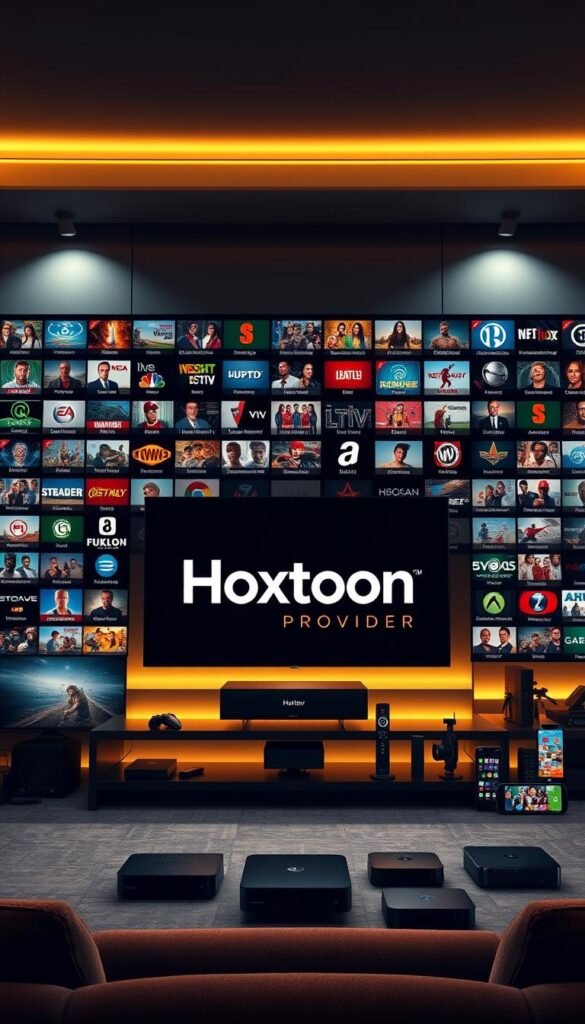 A high-resolution, photorealistic image of the "Hoxtoon Provider" IPTV service. Showcasing its vast library of over 21,000 live TV channels and 150,000 video-on-demand titles against a sleek, modern backdrop. The Hoxtoon logo prominently displayed, surrounded by an array of smart TV devices, streaming boxes, and mobile devices to illustrate its wide platform support. Warm lighting illuminates the scene, creating a premium, professional atmosphere. The image conveys the scale, quality, and convenience of America's premier IPTV provider.
