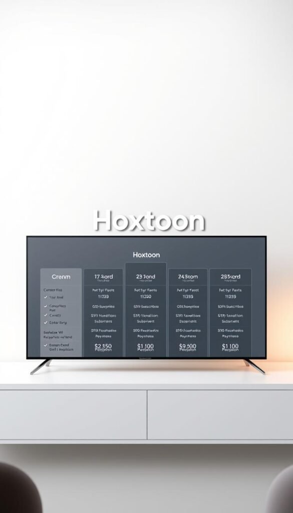 A high-resolution, photorealistic image of the "Hoxtoon Provider" IPTV subscription plans, presented in a clean and organized layout. The plans are displayed on a modern, minimalist interface with a sleek and professional design. The foreground features the different subscription tiers, each with its own distinct pricing, features, and benefits, presented in a clear and concise manner. The middle ground showcases the Hoxtoon logo and branding, creating a strong visual association with the provider. The background is a simple, neutral color that allows the subscription plans to take center stage, with soft lighting that creates a sense of depth and warmth. The overall composition is well-balanced and visually appealing, effectively conveying the information in a visually engaging way.