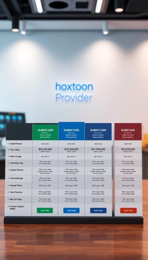 A high-resolution, professional-looking image of Hoxtoon Provider's subscription plans and pricing. The foreground features a clean, minimalist table showcasing the various subscription tiers, plan details, and pricing in an organized layout. The middle ground includes subtle Hoxtoon branding elements, such as the logo and color scheme. The background depicts a modern, tech-inspired setting with soft lighting and a sense of sophistication. The overall composition conveys a clear, informative, and visually appealing presentation of Hoxtoon's subscription offerings.