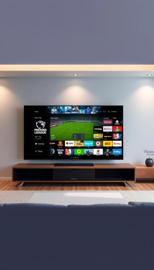 A high-resolution, wide-angle image of an IPTV sports channel listing displayed on a large, modern flatscreen TV. The TV is situated in a sleek, minimalist living room with soft, even lighting. The background features a tasteful blend of muted greys, whites, and natural wood tones, creating a calm, sophisticated atmosphere. The IPTV interface shows a neatly organized list of sports channels, including popular titles like "Premier League", "NBA", and "Formula 1", all presented in a clear, easy-to-navigate layout. The Hoxtoon Provider logo is discretely displayed in the corner. The overall scene conveys a sense of high-quality, premium IPTV sports streaming.