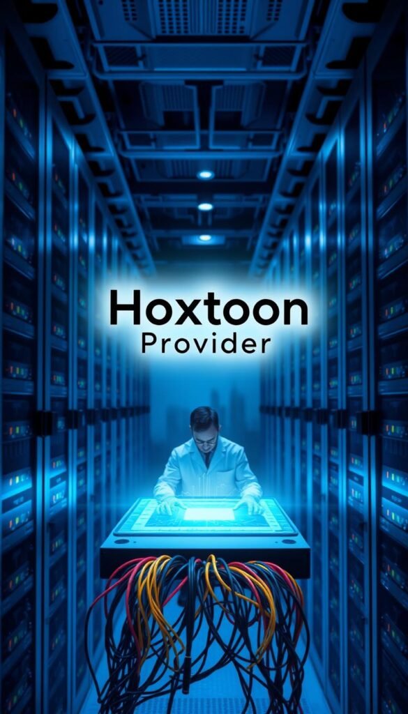 A high-security data center with rows of server racks, blinking lights, and a technician in a white lab coat monitoring a holographic display. In the foreground, the Hoxtoon Provider logo hovers above a secure network hub, surrounded by a tangle of colorful cables. The scene is bathed in a cool, blue-tinted lighting, conveying a sense of technological precision and data protection. The background features a cityscape silhouette, suggesting the global reach and interconnectivity of the IPTV service. The overall atmosphere is one of confidence, reliability, and cutting-edge cybersecurity for the discerning IPTV subscriber.