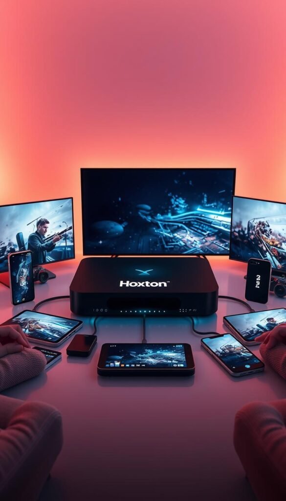 A high-tech, 8K IPTV streaming hub with the Hoxtoon Provider logo prominently displayed. The hub is surrounded by sleek, modern devices such as smartphones, tablets, and smart TVs, all connected and streaming content simultaneously. The scene is illuminated by a warm, ambient lighting that creates a premium, futuristic atmosphere. The devices are arranged in a dynamic, overlapping composition, emphasizing the multi-device compatibility and seamless streaming experience. The background features a minimalist, gradient-based design that complements the high-tech aesthetic.