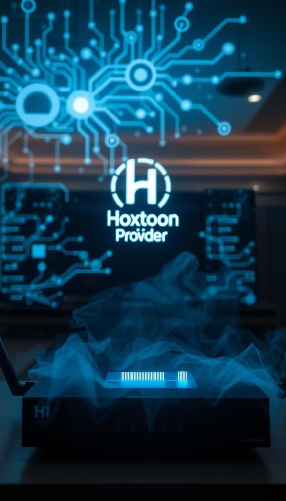 A high-tech IPTV device in the foreground, its screen displaying a spinning buffer icon against a backdrop of network connectivity visualizations - pulsing data streams, circuit diagrams, and server racks. The device is surrounded by a hazy, bluish glow, creating an atmosphere of technological tension. In the middle ground, the Hoxtoon Provider logo subtly illuminates, hinting at a potential solution to the buffering issue. The background features a dimly lit interior with shadows and highlights, suggesting a home entertainment setup struggling with unstable internet connectivity.