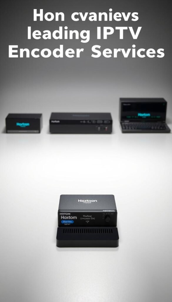 A high-tech comparison of leading IPTV encoder services, with a sleek, minimalist design. In the foreground, a lineup of modern, state-of-the-art IPTV encoder devices, each with distinct branding and features. In the middle ground, a clean, well-lit table showcases the encoders, captured from a slightly elevated angle with crisp, detailed textures. The background is a soft, gradient-based environment, providing a sense of depth and focus on the products. Subtle lighting casts dynamic shadows, highlighting the contours and materials of the encoders. The Hoxtoon Provider encoder is prominently featured, its branding and design elements standing out among the competition.