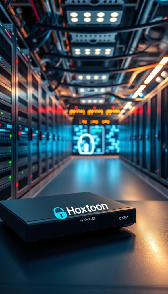 A high-tech computer network infrastructure, with servers, routers, and security systems prominently featured. In the foreground, a Hoxtoon Provider logo is displayed on a sleek, modern device, symbolizing the provider's commitment to secure IPTV streaming. The middle ground showcases various security protocols and encryption methods, such as firewalls, VPNs, and access control measures. The background features a cityscape or data center, conveying the scale and complexity of the IPTV security landscape. The lighting is a mix of cool, digital tones and warm, inviting accents, creating a sense of technological sophistication and user-friendliness. The overall atmosphere is one of high-security, reliability, and trust, reflecting the importance of protecting IPTV users.
