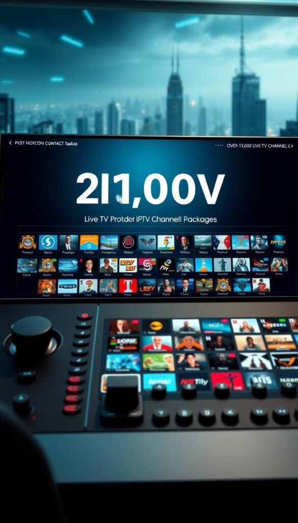 A high-tech control panel displaying a comprehensive selection of IPTV channel packages offered by the Hoxtoon Provider. The interface showcases a vast library of over 21,000 live TV channels, meticulously organized into distinct categories. The foreground features sleek, intuitive icons and a clean, minimalist design, inviting the viewer to explore the vast content options. The middle ground showcases a grid of channel thumbnails, each promising a diverse array of programming. The background depicts a futuristic cityscape, hinting at the global reach and technological prowess of the Hoxtoon IPTV service. Cinematic lighting and a cool, futuristic color palette evoke a sense of scale, efficiency, and innovation.