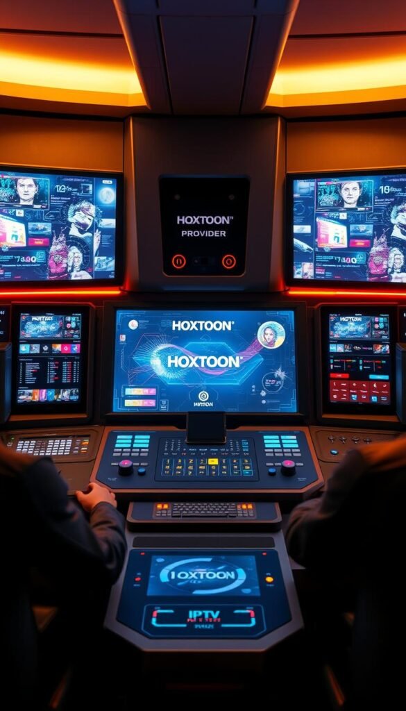 A high-tech control panel displaying cutting-edge IPTV technology, showcasing the Hoxtoon Provider brand. The sleek, futuristic interface features a dynamic array of interactive screens, colorful data visualizations, and advanced controls. Holographic displays project live streaming content, while a central command module oversees the seamless distribution of entertainment across multiple platforms. Warm, ambient lighting accentuates the precision engineering, creating an atmosphere of innovation and technological prowess. The scene evokes a vision of the future of home entertainment, centered around the Hoxtoon Provider's state-of-the-art IPTV solutions.