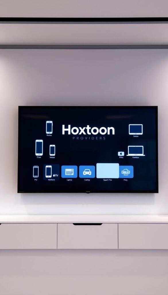 A high-tech control panel displaying the Hoxtoon Provider logo, showcasing its multi-device compatibility. The panel features various device icons, including smartphones, tablets, laptops, and smart TVs, all seamlessly connected to the IPTV service. The layout is clean and modern, with a sleek, minimalist design. The background is a soft, neutral tone, allowing the devices and branding to take center stage. Subtle lighting effects and a slightly elevated camera angle create a sense of depth and visual interest. The overall atmosphere conveys the versatility and accessibility of the Hoxtoon IPTV service across a wide range of devices.
