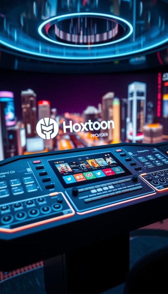 A high-tech control panel displaying the Hoxtoon Provider logo, surrounded by a futuristic IPTV interface. The panel features a sleek, minimalist design with holographic displays, touch-sensitive controls, and a central touchscreen showcasing various IPTV features and content. The background is a vibrant, neon-lit cityscape, hinting at the endless entertainment possibilities of IPTV technology. Dramatic lighting and depth-of-field create a sense of depth and cinematic atmosphere, highlighting the cutting-edge nature of the Hoxtoon Provider IPTV system.