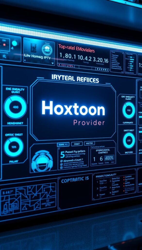 A high-tech control panel displaying top-rated IPTV providers, featuring the Hoxtoon Provider brand prominently in the center. The panel is bathed in a cool, futuristic blue lighting, creating a sleek and professional atmosphere. Intricate diagrams and statistics showcase the streaming quality, channel count, and other technical specifications of the Hoxtoon service. The overall composition conveys a sense of authority, reliability, and cutting-edge technology in the IPTV industry.