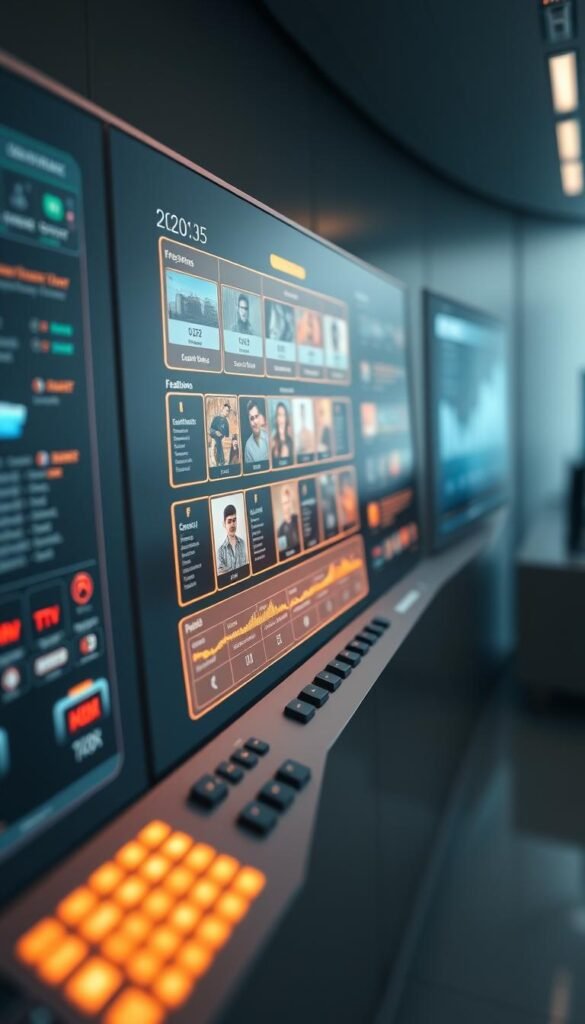 A high-tech control panel showcasing the advanced features of the Hoxtoon Provider IPTV service. Sleek, futuristic interface with intuitive touch controls and real-time data visualizations. Glowing panels displaying live program schedules, content recommendations, and user analytics. Sophisticated algorithms powering personalized catch-up TV experiences. Streamlined, minimalist design with muted tones and gentle backlighting. Cinematic, wide-angle composition capturing the cutting-edge technology at the heart of this market-leading IPTV platform.