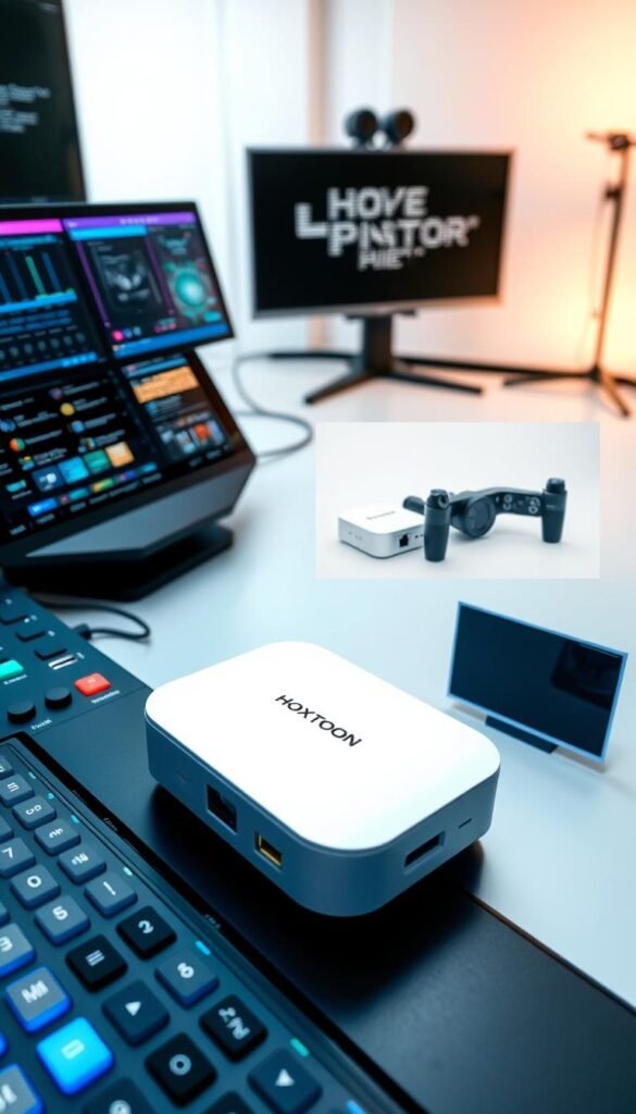 A high-tech control panel showcasing the compatibility of the "Hoxtoon Provider" device. The foreground features a sleek, futuristic interface with various input ports, network connections, and intuitive controls. The middle ground includes product shots of the Hoxtoon device from multiple angles, highlighting its modern, minimalist design. The background depicts a clean, well-lit studio setting with a soft, ambient lighting that accentuates the device's premium aesthetic. The overall composition conveys a sense of streamlined functionality and advanced technological capabilities, perfectly suited to illustrate the "Setting Up HOXTOON on Your Preferred Devices" section.