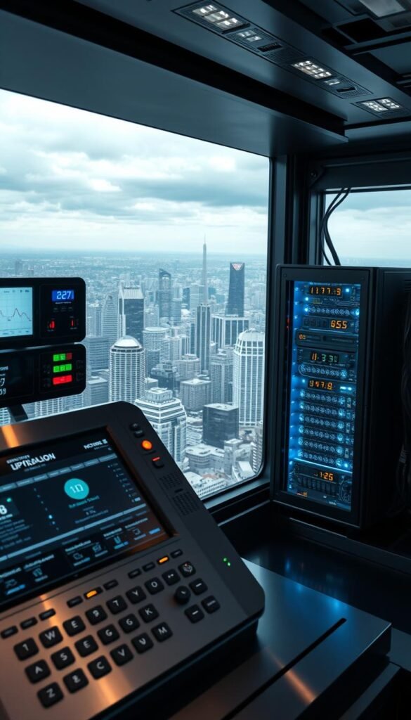 A high-tech control panel showcasing the technical requirements for optimal IPTV streaming by Hoxtoon Provider. Sleek metallic surfaces, glowing indicator lights, and intricate circuitry convey the complexity of the system. In the foreground, a touchscreen display presents key details like internet speed, bandwidth allocation, and device compatibility. The middle ground features a server rack with blinking lights, cooling fans, and network cables. The background is dominated by a panoramic cityscape, hinting at the widespread reach and reliability of the Hoxtoon IPTV service. The overall mood is one of technological sophistication and real-time responsiveness, reflecting the demands of modern streaming.