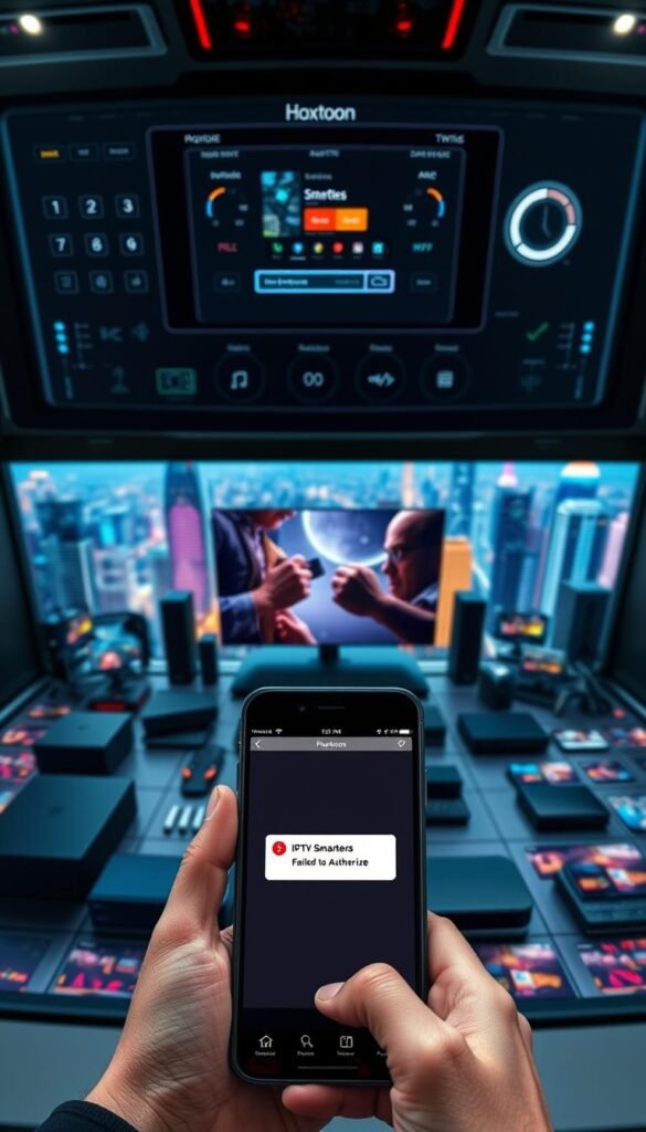 A high-tech control panel with a sleek, modern design showcases the Hoxtoon Provider interface. In the foreground, a user's mobile device displays the IPTV Smarters app, with a prominent "Failed to Authorize" error message. In the middle ground, a matrix of connected devices, including smart TVs, tablets, and streaming boxes, highlights the multi-device support capabilities of the Hoxtoon service. The background features a vibrant, futuristic cityscape, symbolizing the seamless integration of technology in everyday life. The image is captured with a wide-angle lens, creating a sense of depth and emphasizing the comprehensive solution Hoxtoon offers to the "Failed to Authorize IPTV Smarters" issue. A high-tech control panel with a sleek, modern design showcases the Hoxtoon Provider interface. In the foreground, a user's mobile device displays the IPTV Smarters app, with a prominent "Failed to Authorize" error message. In the middle ground, a matrix of connected devices, including smart TVs, tablets, and streaming boxes, highlights the multi-device support capabilities of the Hoxtoon service. The background features a vibrant, futuristic cityscape, symbolizing the seamless integration of technology in everyday life. The image is captured with a wide-angle lens, creating a sense of depth and emphasizing the comprehensive solution Hoxtoon offers to the "Failed to Authorize IPTV Smarters" issue.