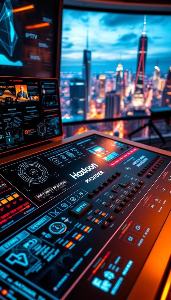 A high-tech control panel with an array of sleek interfaces, holographic displays, and futuristic controls. The foreground features the Hoxtoon Provider logo, a cutting-edge IPTV service, with intricate icons and data visualizations. The middle ground showcases advanced IPTV features like multi-stream playback, smart search, and personalized recommendations, all rendered in a minimalist, sci-fi aesthetic. The background depicts a dynamic cityscape with towering skyscrapers and a vibrant, neon-lit skyline, conveying a sense of technological sophistication and urban innovation. The overall scene is illuminated by a warm, ambient lighting that creates a sense of depth and atmosphere.