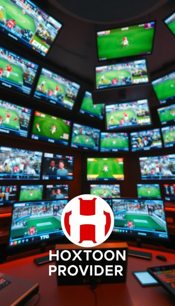 A high-tech control room filled with an array of TV screens displaying a diverse selection of live sports events from around the world. In the foreground, a Hoxtoon Provider logo is prominently displayed, showcasing its role as the ultimate IPTV provider for sports enthusiasts in the USA. The room is bathed in a warm, ambient lighting, creating a sleek and modern atmosphere. The camera angle captures the dynamism and excitement of the sports broadcasts, with replays, statistics, and commentary visible on the screens. The overall scene conveys the evolution of sports broadcasting in the digital age, where cutting-edge technology and seamless streaming have transformed the viewing experience.