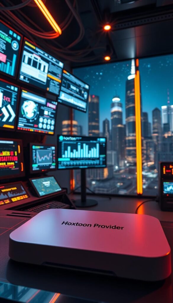 A high-tech control room filled with glowing digital screens, cables, and server racks. In the foreground, a sleek futuristic IPTV device with the Hoxtoon Provider logo prominently displayed. Warm lighting casts a soft glow, creating an atmosphere of advanced technology and innovation. The middle ground showcases complex data visualizations and real-time streaming analytics, hinting at the power and capabilities of IPTV. In the background, a cityscape with skyscrapers and a starry night sky, symbolizing the global reach and ubiquity of IPTV technology. The scene conveys a sense of the future of television entertainment, seamlessly blending hardware, software, and connectivity.