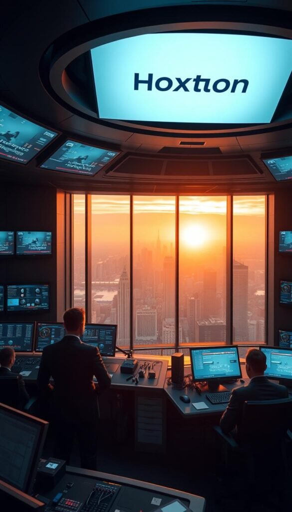 A high-tech control room with a sleek, modern design. In the foreground, a Hoxtoon Provider logo is prominently displayed on a large, curved display screen. The screen is surrounded by various monitoring screens and control panels, creating an immersive, futuristic atmosphere. The middle ground features several technicians in sleek uniforms, intently focused on their work, adjusting settings and monitoring data. The background is filled with a cityscape visible through large windows, bathed in a warm, golden hue from the setting sun. Soft, directional lighting illuminates the scene, creating a sense of depth and drama. The overall mood is one of technological prowess and attention to detail, perfectly capturing the essence of maximizing the HOXTOON streaming quality experience.