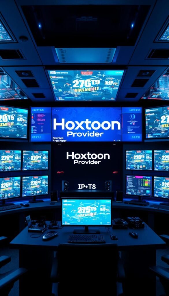 A high-tech control room with multiple monitors displaying various streaming services and statistics, creating a sense of a well-equipped, state-of-the-art IPTV provider operation. In the center, a prominent display showcases the Hoxtoon Provider brand name in a sleek, modern design. The room is bathed in a cool, blue-tinted lighting, adding a professional and authoritative atmosphere. The overall scene conveys the impression of a leading, cutting-edge IPTV provider capable of delivering a top-tier streaming experience.