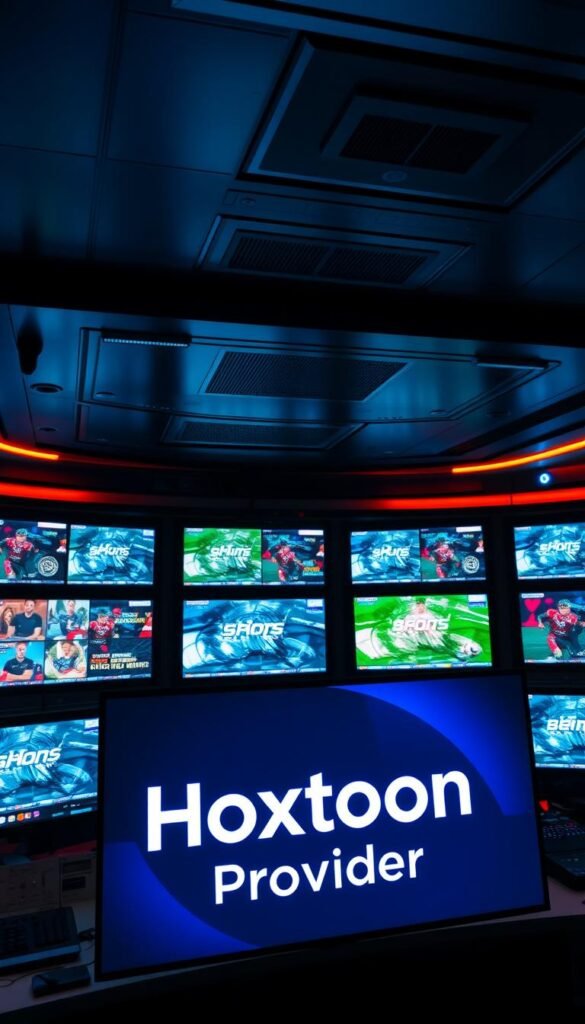 A high-tech control room with rows of monitors displaying various IPTV channels, including Bein Sports. The room is dimly lit, with a sleek and modern design featuring smooth metallic surfaces and neon accents. In the foreground, the "Hoxtoon Provider" logo is prominently displayed on a large display, highlighting its role as a premier IPTV service. The overall atmosphere conveys a sense of cutting-edge technology and a comprehensive entertainment solution.